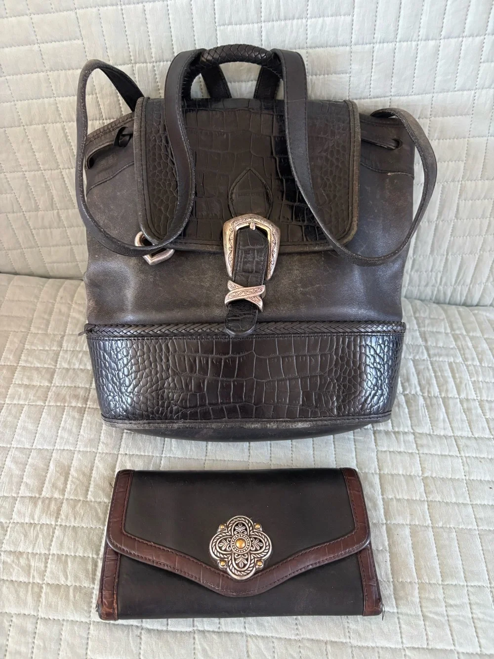 Brighton Dark Brown Croc-Embossed Leather Backpack and Wallet Set